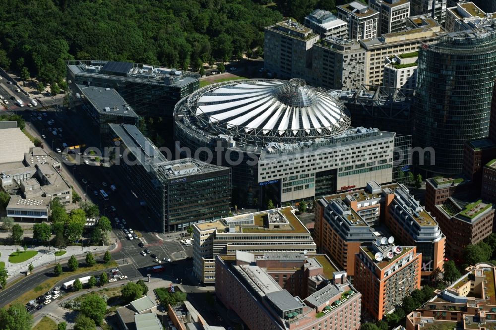 Aerial image Berlin - Office building - Ensemble of the Sony Center in the Bellevuestrasse in Berlin, Germany. The Sony Center was designed by the architect Helmut Jahn and his office Murphy & Jahn Architects