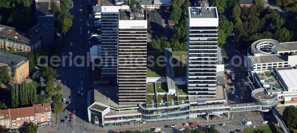 Hamburg from the bird's eye view: Office and Geschaeftshaus- skyscrapers Mundsburg Tower in Hamburg