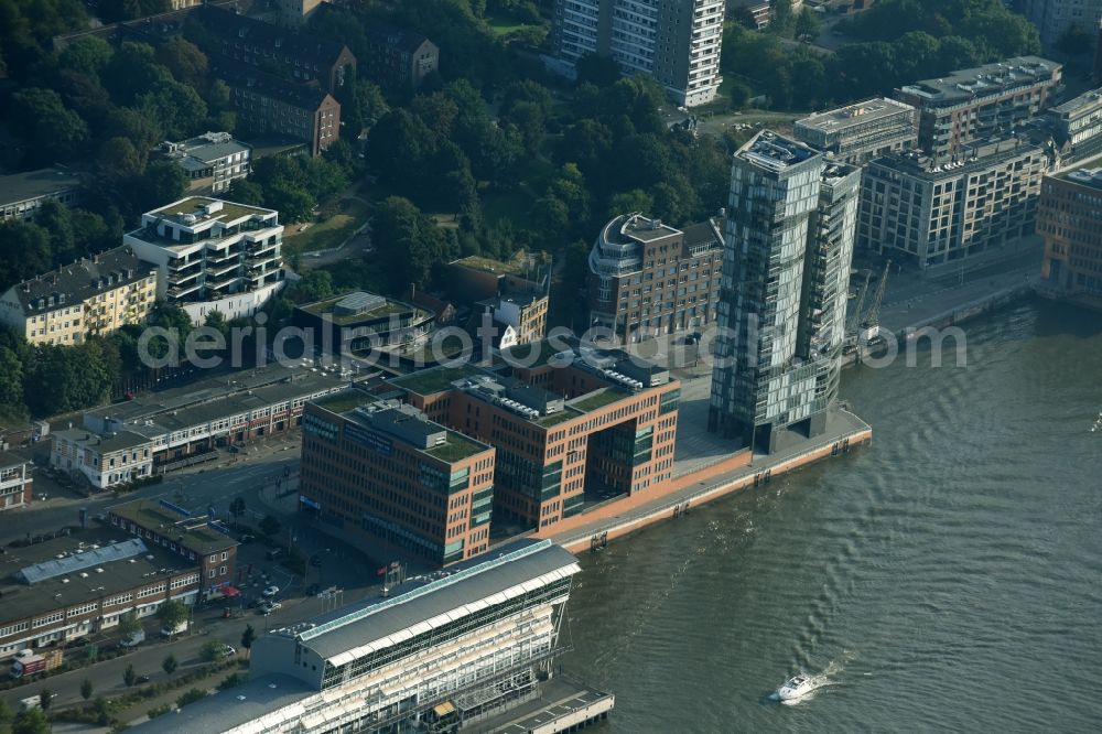 Aerial image Hamburg - Office building Holzhafen on the River Elbe in Hamburg. The residential highrise Kristall is located next to the office building