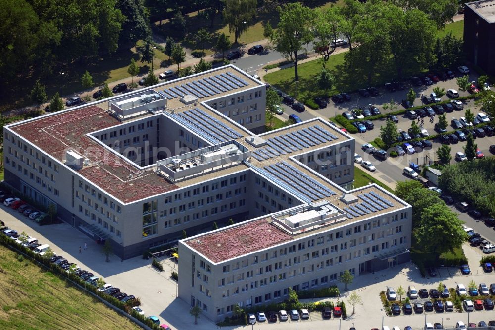 Dortmund from the bird's eye view: Office and commercial building construction management AOK at the West Avenue Stockumer / Tiranaweg in Dortmund in North Rhine-Westphalia