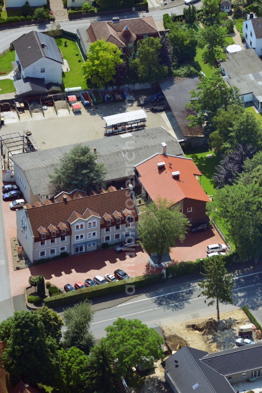 Unna from above - Office and retail building at the Vaerstbrücke in Unna in North Rhine-Westphalia. The building is the headquarters of the group Markus Gerold