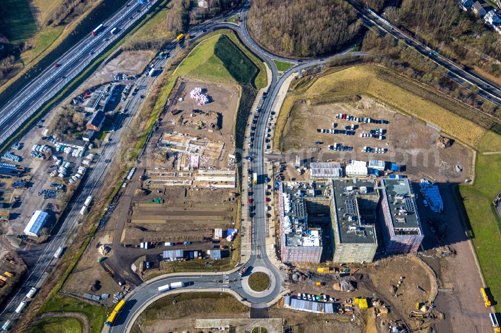 Aerial image Bochum - Office and commercial building O-Werk and construction of the new road on Opelring in the development area MARK 51A?7 in Bochum at Ruhrgebiet in the state North Rhine-Westphalia, Germany