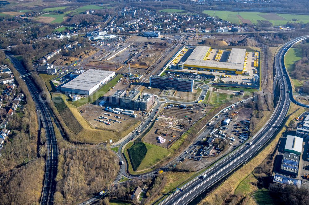 Bochum from above - Office and commercial building O-Werk and construction of the new road on Opelring overlooking the other construction sites in the development area MARK 51A?7 in Bochum in the state North Rhine-Westphalia, Germany