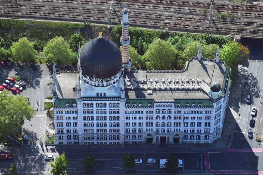 Dresden from the bird's eye view: Building of the mosque Yenidze on Weisseritzstrasse in Dresden in the state Saxony, Germany