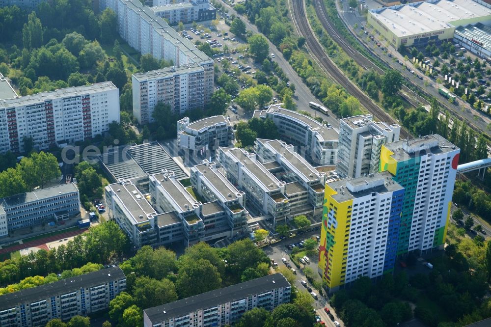 Aerial photograph Berlin Friedrichshain - Office and commercial building brain area Storkower arc of Jost Hurler investment and management company GmbH in Storkower Strasse in Berlin