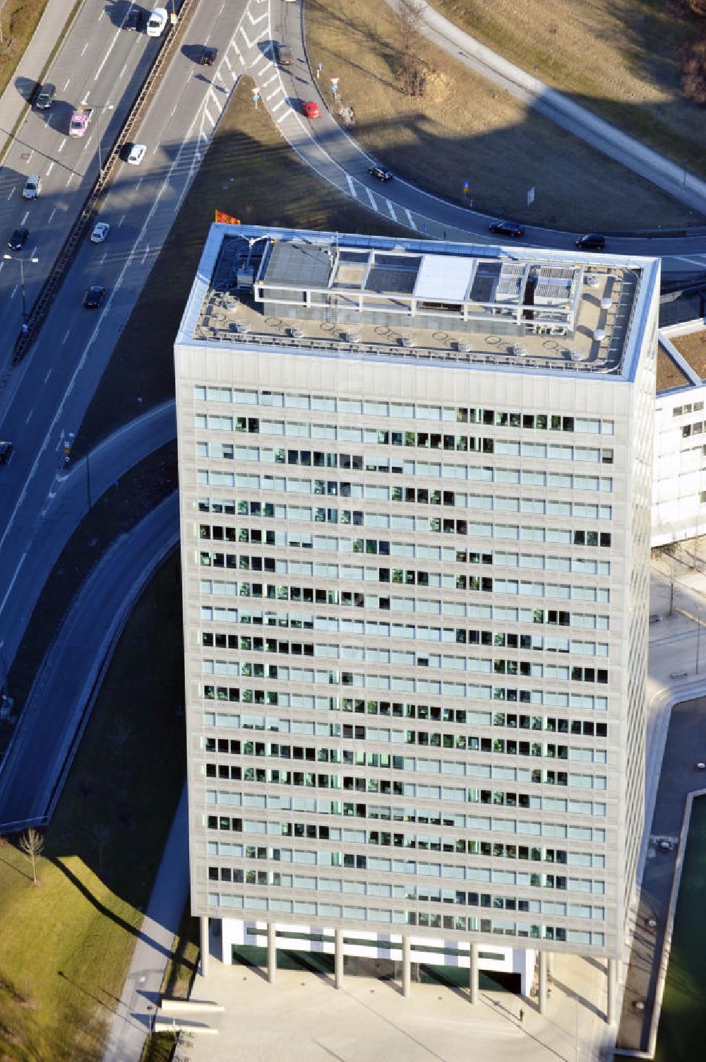 München from above - Office and commercial building construction Münchner Tor - a skyscraper at Munich Re-Insurance