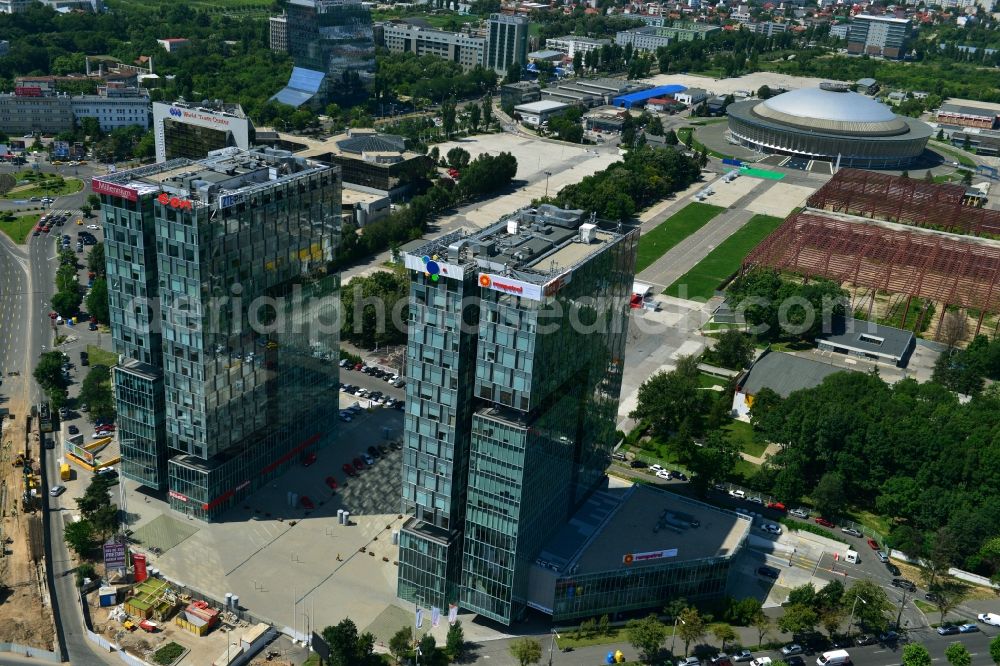 Aerial photograph Bukarest - Office and retail building construction of the twin towers of Rompetrol in Bucharest in Romania. The high-rise building City gate also houses the telecommunications company Romtelecom, the Millennium Development Bank and the regional headquarters of Microsoft