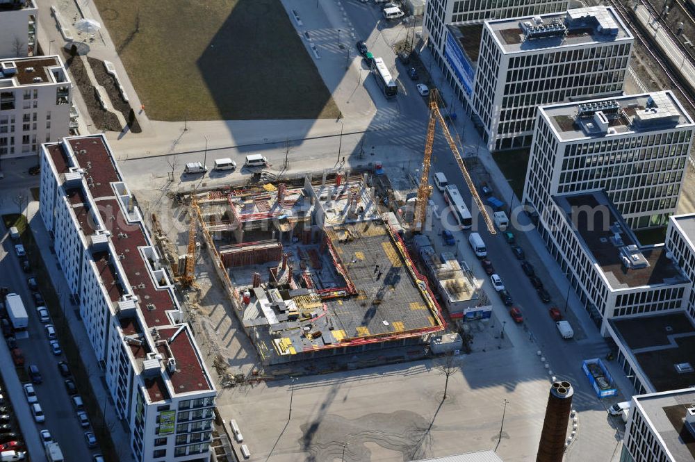 Aerial photograph München - Office and retail building new buildings on the site of the former freight depot today Arnulfpark in Munich