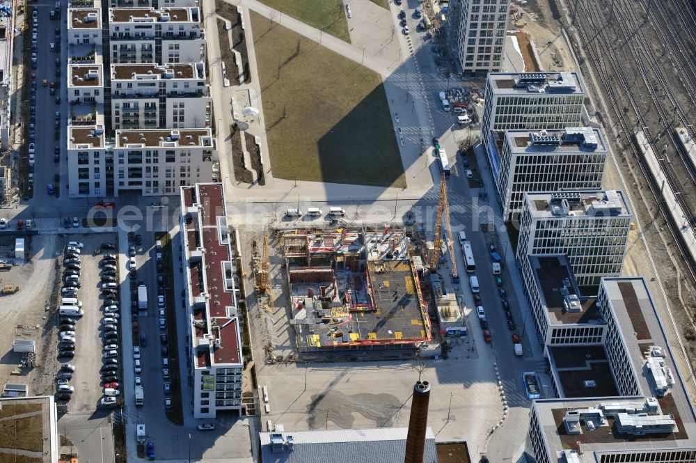 München from above - Office and retail building new buildings on the site of the former freight depot today Arnulfpark in Munich