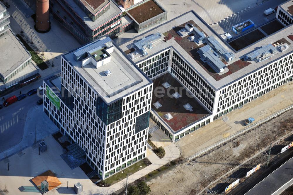 Aerial photograph München - Office and retail building new buildings on the site of the former freight depot today Arnulfpark in Munich