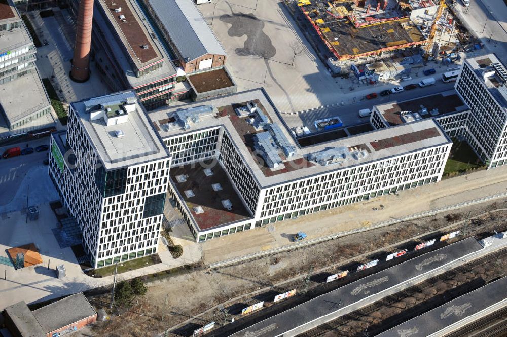 München from above - Office and retail building new buildings on the site of the former freight depot today Arnulfpark in Munich