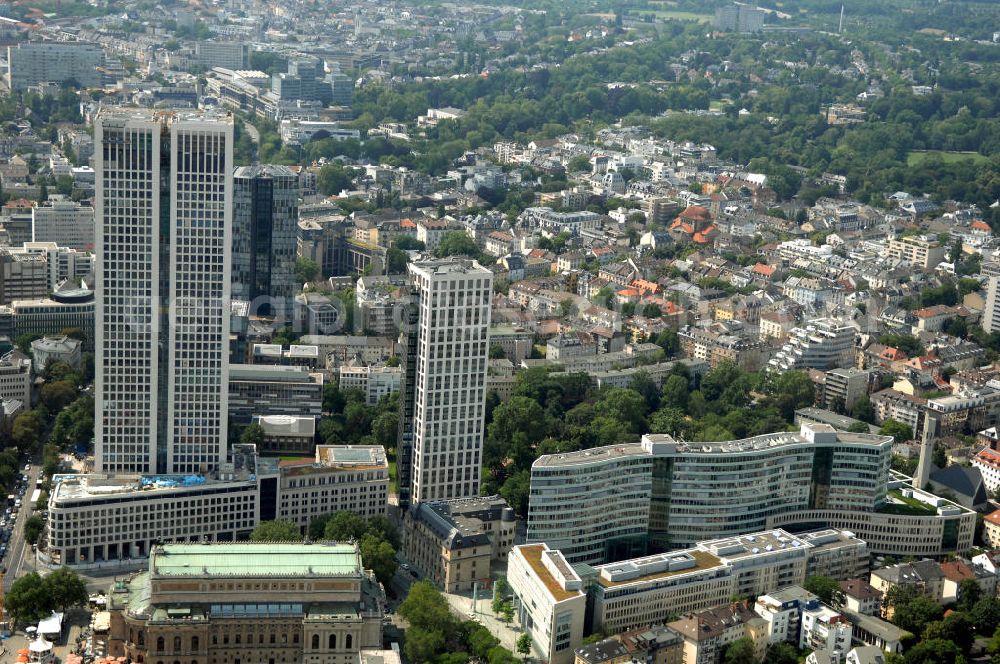 Aerial image Frankfurt - Blick auf die 42 Geschosse des neu erbauten Hochauskomplex OpernTurm, der der Alten Oper und dem Bürohochhaus Frankfurter Welle zugewandt ist. Kontakt: Prof. Christoph Mäckler Architekten, Friedrich-Ebert-Anlage 2-14, 60325 Frankfurt am Main, Tel. +49 (0)69 285707, Fax +49 (0)69 296289, E-Mail: chm@chm.de; Tishman Speyer, Projektleitung, Dr. Markus Weidenmann, MesseTurm, Friedrich-Ebert-Anlage 49, 60308 Frankfurt, Tel. +49(0)69 97541 208, Fax +49(0)69 97541 299, E-Mail: mwiedenm@tishmanspeyer.de