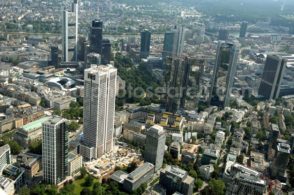 Aerial image Frankfurt - Blick auf die 42 Geschosse des neu erbauten Hochauskomplex OpernTurm, der der Alten Oper und dem Bürohochhaus Frankfurter Welle zugewandt ist. Kontakt: Prof. Christoph Mäckler Architekten, Friedrich-Ebert-Anlage 2-14, 60325 Frankfurt am Main, Tel. +49 (0)69 285707, Fax +49 (0)69 296289, E-Mail: chm@chm.de; Tishman Speyer, Projektleitung, Dr. Markus Weidenmann, MesseTurm, Friedrich-Ebert-Anlage 49, 60308 Frankfurt, Tel. +49(0)69 97541 208, Fax +49(0)69 97541 299, E-Mail: mwiedenm@tishmanspeyer.de