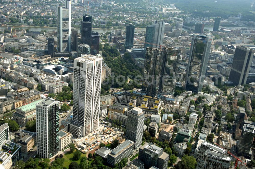 Aerial photograph Frankfurt - Blick auf die 42 Geschosse des neu erbauten Hochauskomplex OpernTurm, der der Alten Oper und dem Bürohochhaus Frankfurter Welle zugewandt ist. Kontakt: Prof. Christoph Mäckler Architekten, Friedrich-Ebert-Anlage 2-14, 60325 Frankfurt am Main, Tel. +49 (0)69 285707, Fax +49 (0)69 296289, E-Mail: chm@chm.de; Tishman Speyer, Projektleitung, Dr. Markus Weidenmann, MesseTurm, Friedrich-Ebert-Anlage 49, 60308 Frankfurt, Tel. +49(0)69 97541 208, Fax +49(0)69 97541 299, E-Mail: mwiedenm@tishmanspeyer.de