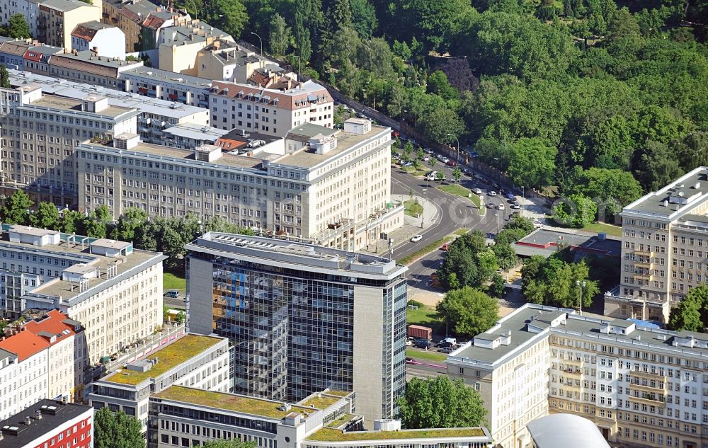 Berlin Friedrichshain from above - View of the office building of the Allianz Real Estate Germany GmbH on Karl - Marx - Allee in Berlin / Friedrichshain