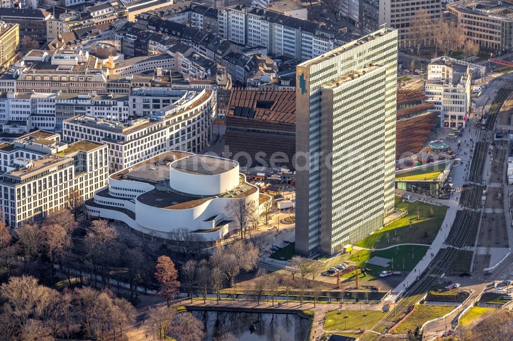 Düsseldorf from above - Office and corporate management high-rise building Dreischeibenhaus in the district Stadtmitte in Duesseldorf at Ruhrgebiet in the state North Rhine-Westphalia, Germany