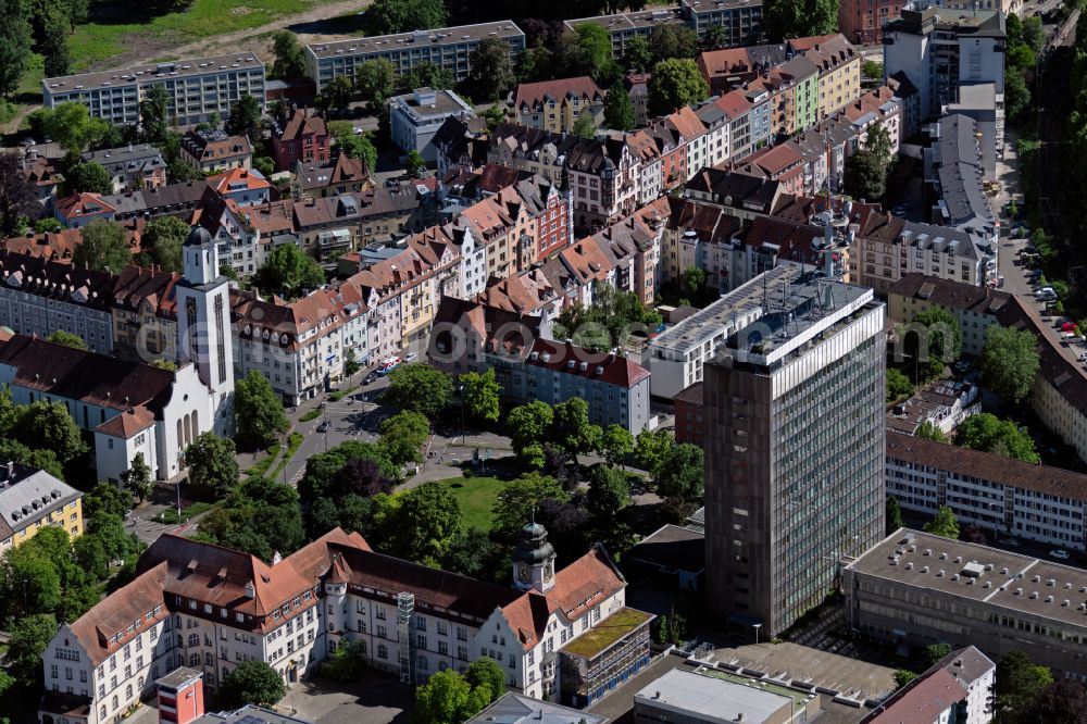 Konstanz from the bird's eye view: Office and corporate management high-rise building Fernmeldegebaeude on street Moltkestrasse in the district Petershausen-West in Konstanz at Bodensee in the state Baden-Wuerttemberg, Germany