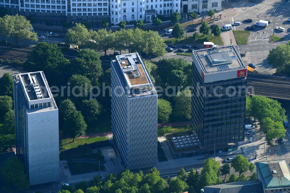 Hamburg from the bird's eye view: Office and corporate management high-rise building Finnlandhaus on street Esplanade in Hamburg, Germany