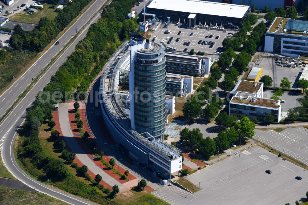 Aerial image Neckarsulm - Office and corporate management high-rise building of Fujitsu TDS GmbH on Konrad-Zuse-Strasse in Neckarsulm in the state Baden-Wurttemberg, Germany