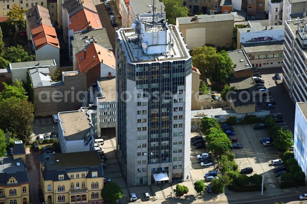 Halle (Saale) from the bird's eye view: Office and corporate management high-rise building Halle Tower in Halle (Saale) in the state Saxony-Anhalt, Germany