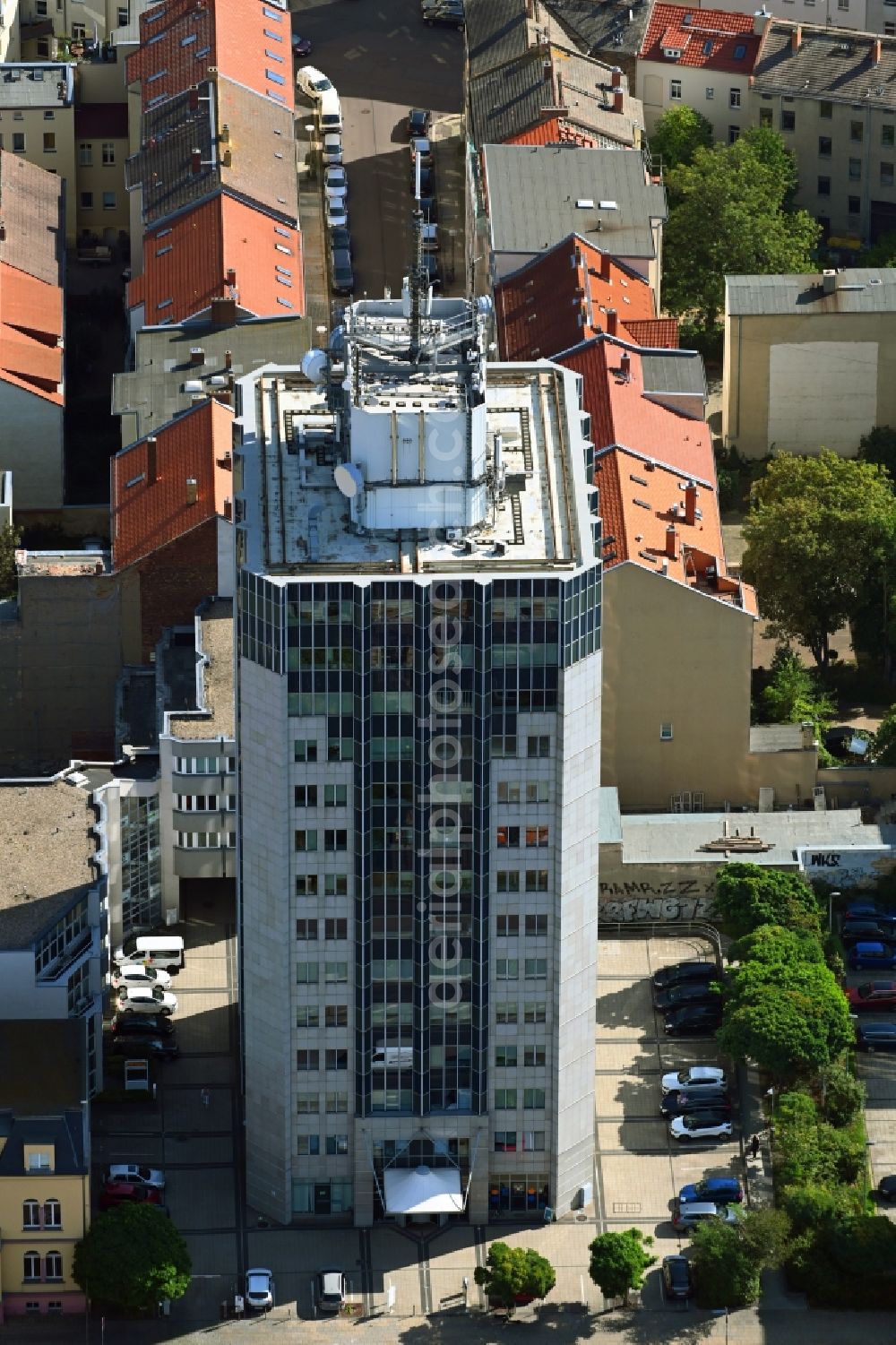 Aerial image Halle (Saale) - Office and corporate management high-rise building Halle Tower in Halle (Saale) in the state Saxony-Anhalt, Germany