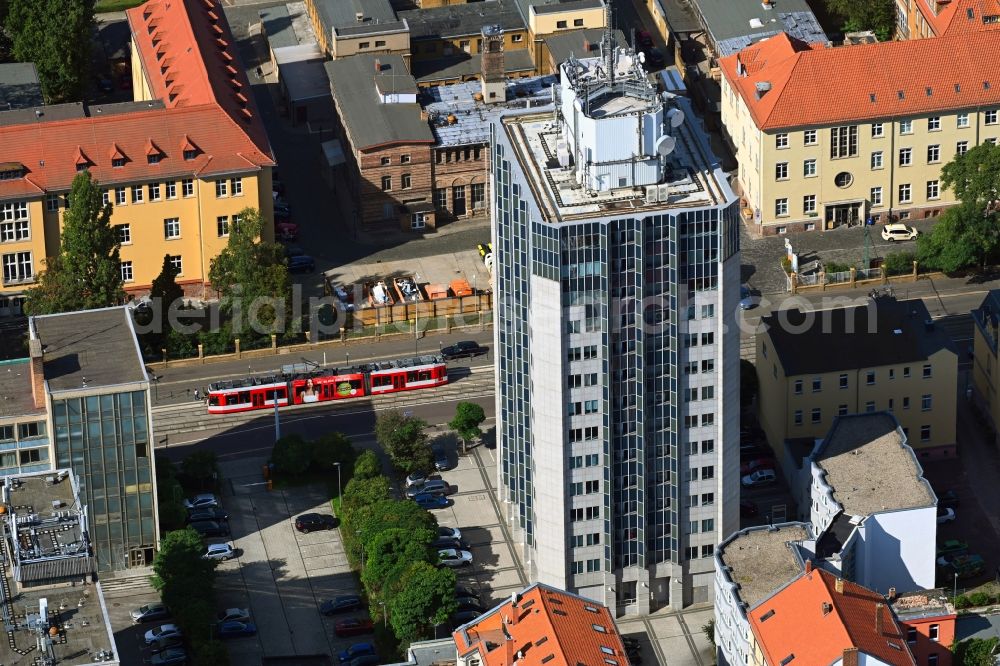 Aerial photograph Halle (Saale) - Office and corporate management high-rise building Halle Tower in Halle (Saale) in the state Saxony-Anhalt, Germany