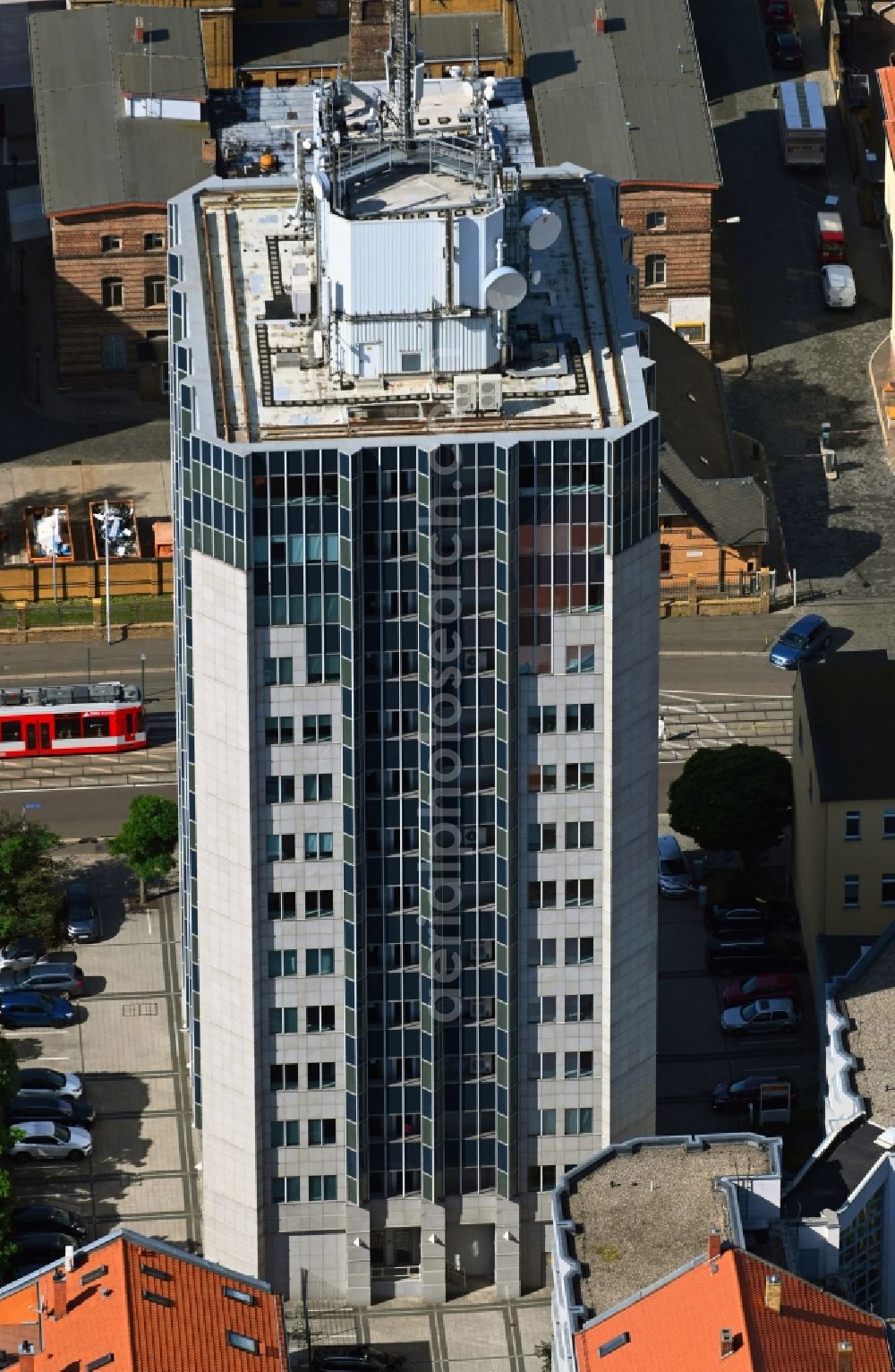 Halle (Saale) from above - Office and corporate management high-rise building Halle Tower in Halle (Saale) in the state Saxony-Anhalt, Germany