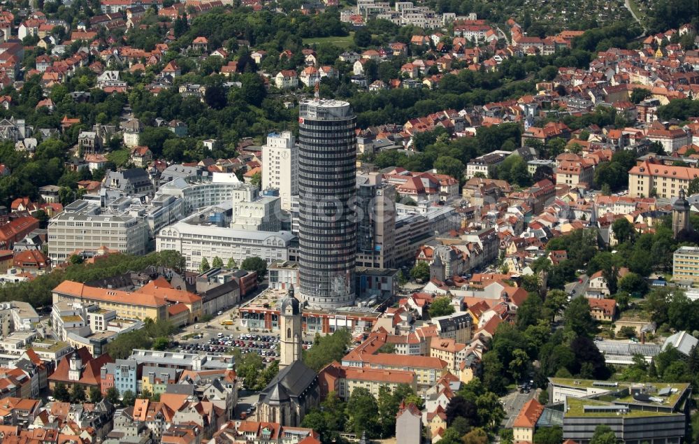 Jena from the bird's eye view: Office and corporate management high-rise building Jentower on Leutragraben in Jena in the state Thuringia, Germany