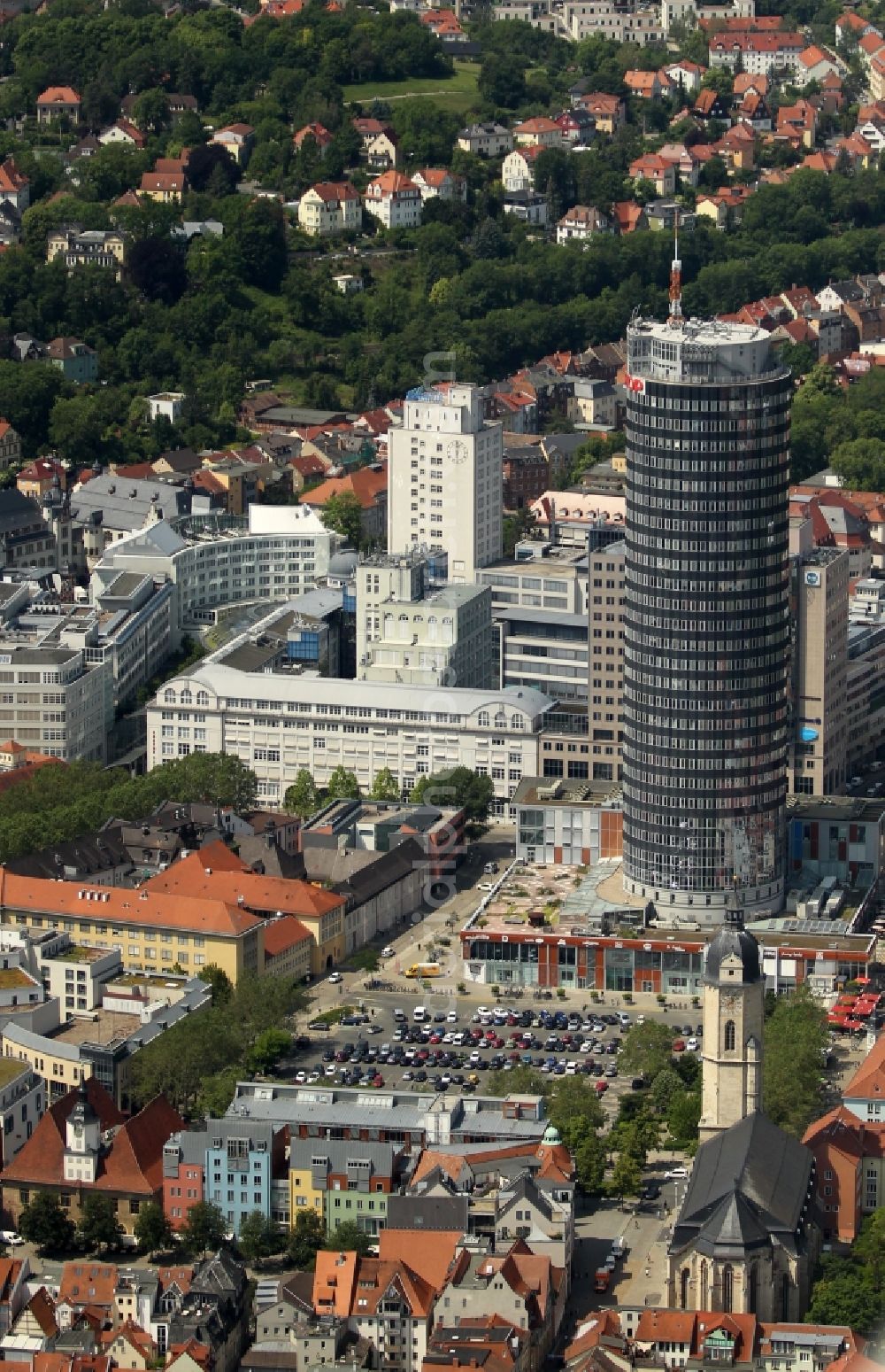 Aerial image Jena - Office and corporate management high-rise building Jentower on Leutragraben in Jena in the state Thuringia, Germany