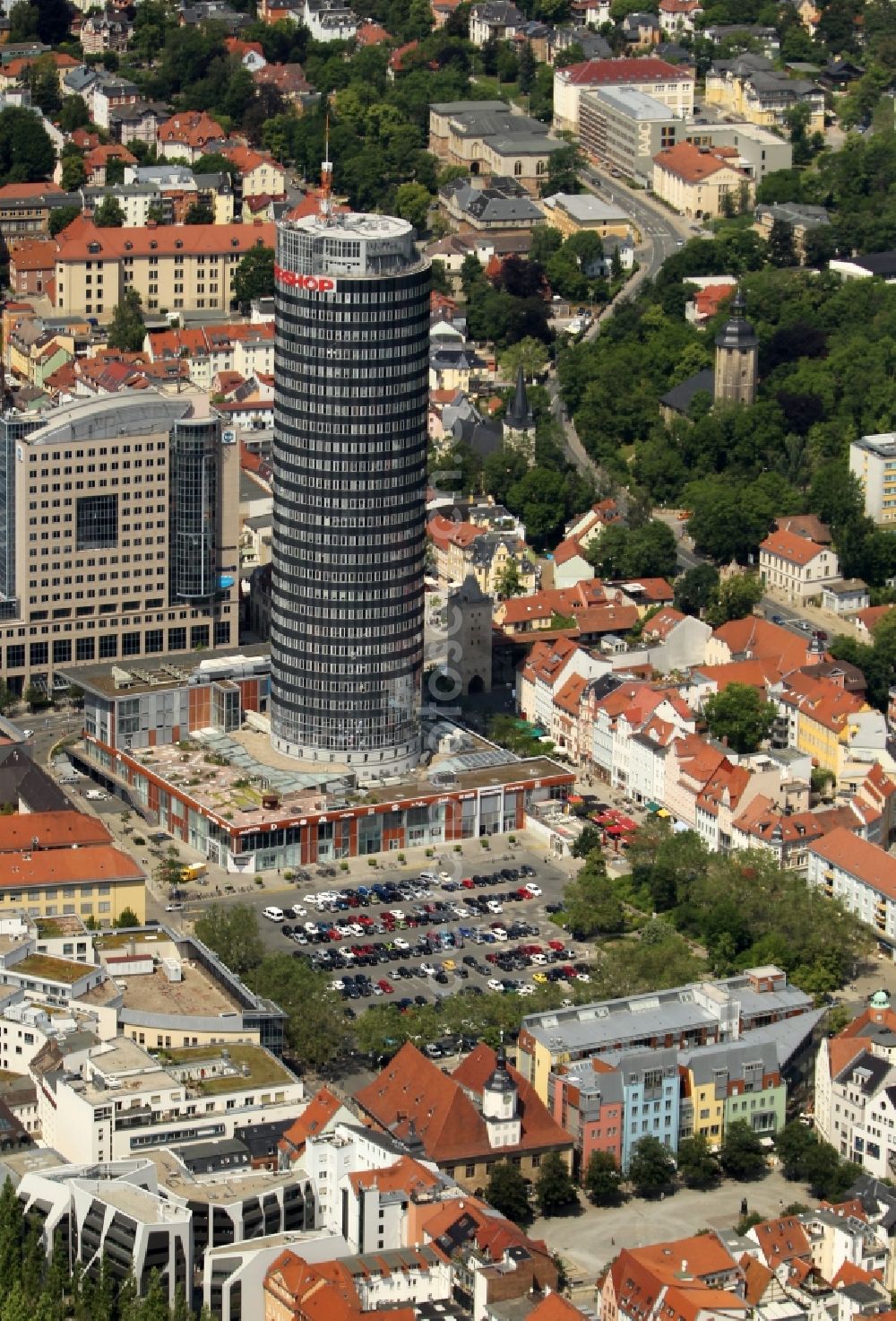 Aerial photograph Jena - Office and corporate management high-rise building Jentower on Leutragraben in Jena in the state Thuringia, Germany