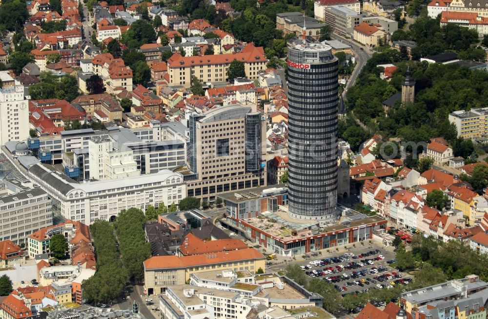 Jena from above - Office and corporate management high-rise building Jentower on Leutragraben in Jena in the state Thuringia, Germany