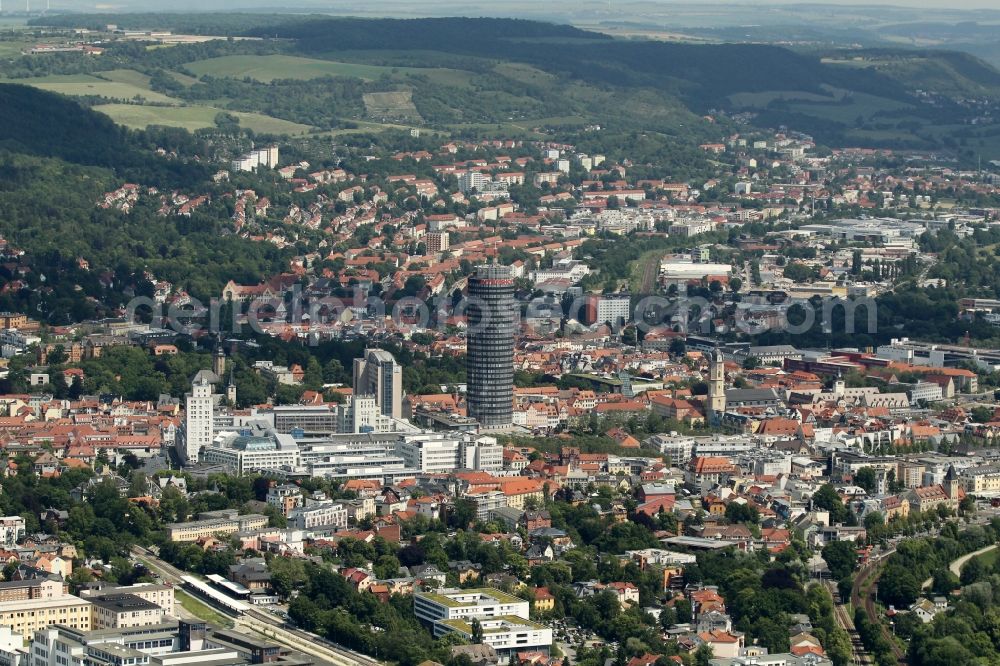 Aerial photograph Jena - Office and corporate management high-rise building Jentower on Leutragraben in Jena in the state Thuringia, Germany