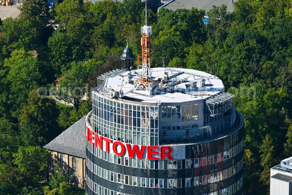 Aerial image Jena - Office and corporate management high-rise building Jentower on Leutragraben in Jena in the state Thuringia, Germany