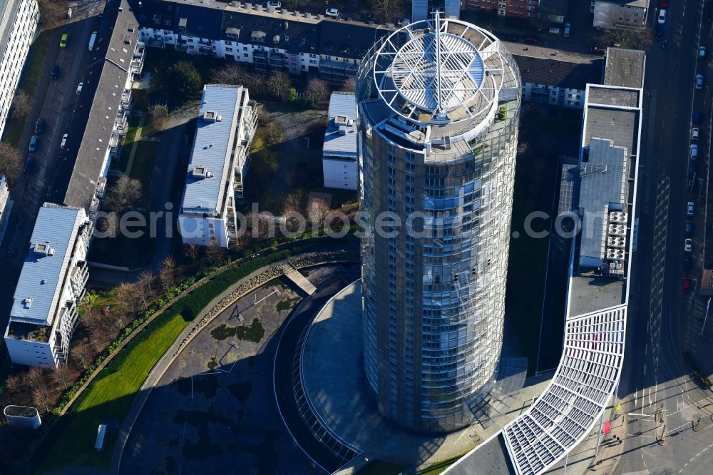 Essen from above - Office and corporate management high-rise building RWE-Turm in the district Suedviertel in Essen in the state North Rhine-Westphalia, Germany