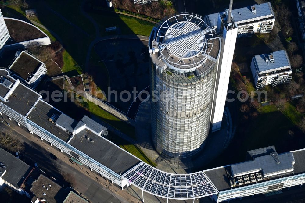 Aerial image Essen - Office and corporate management high-rise building RWE-Turm in the district Suedviertel in Essen in the state North Rhine-Westphalia, Germany