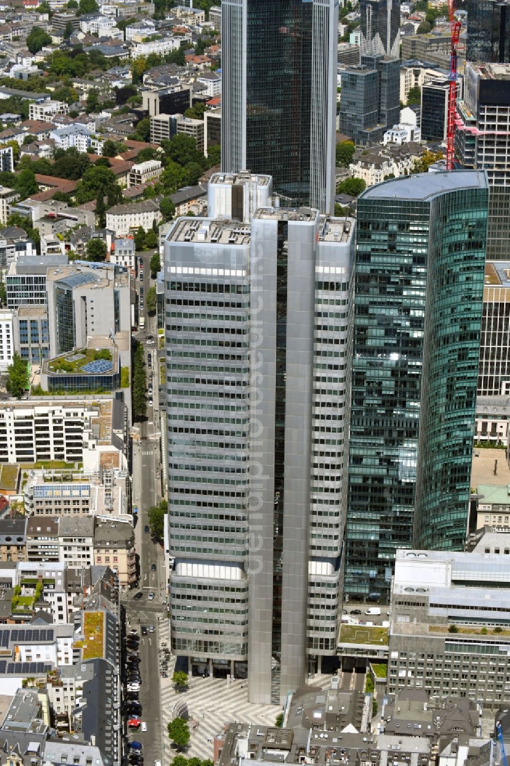 Aerial image Frankfurt am Main - Office and corporate management high-rise building of DB Systel GmbH on Juergen-Ponto-Platz in Frankfurt in the state Hesse, Germany