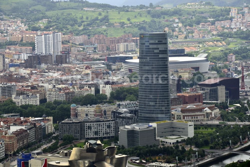 Bilbo from the bird's eye view: Office and corporate management high-rise building Torre Iberdrola on Euskadi Plaza in Bilbo in Euskadi, Spain