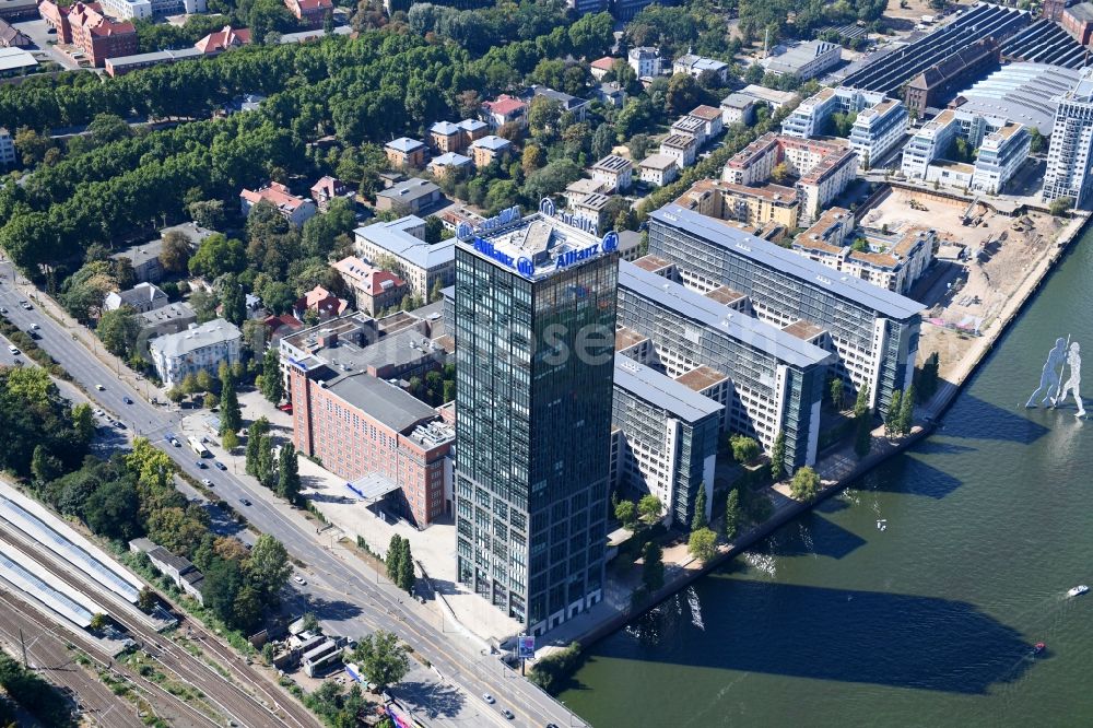 Aerial image Berlin - Office and corporate management high-rise building An den Treptowers in the district Treptow in Berlin, Germany