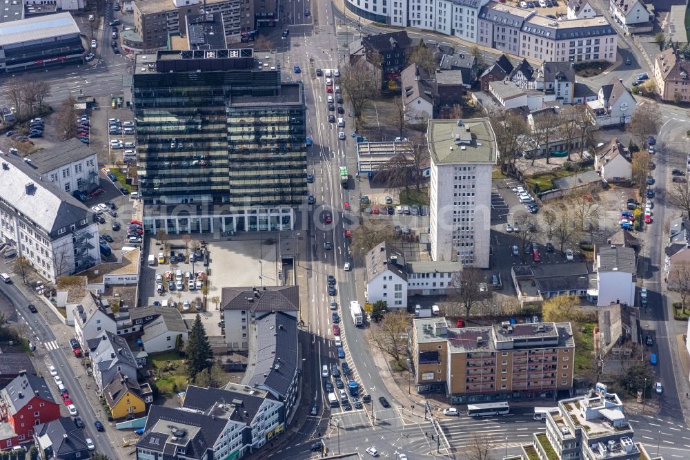 Siegen from the bird's eye view: Office and corporate management high-rise building Kommunalverwaltung Kreis Siegen-Wittgenstein in Siegen on Siegerland in the state North Rhine-Westphalia, Germany