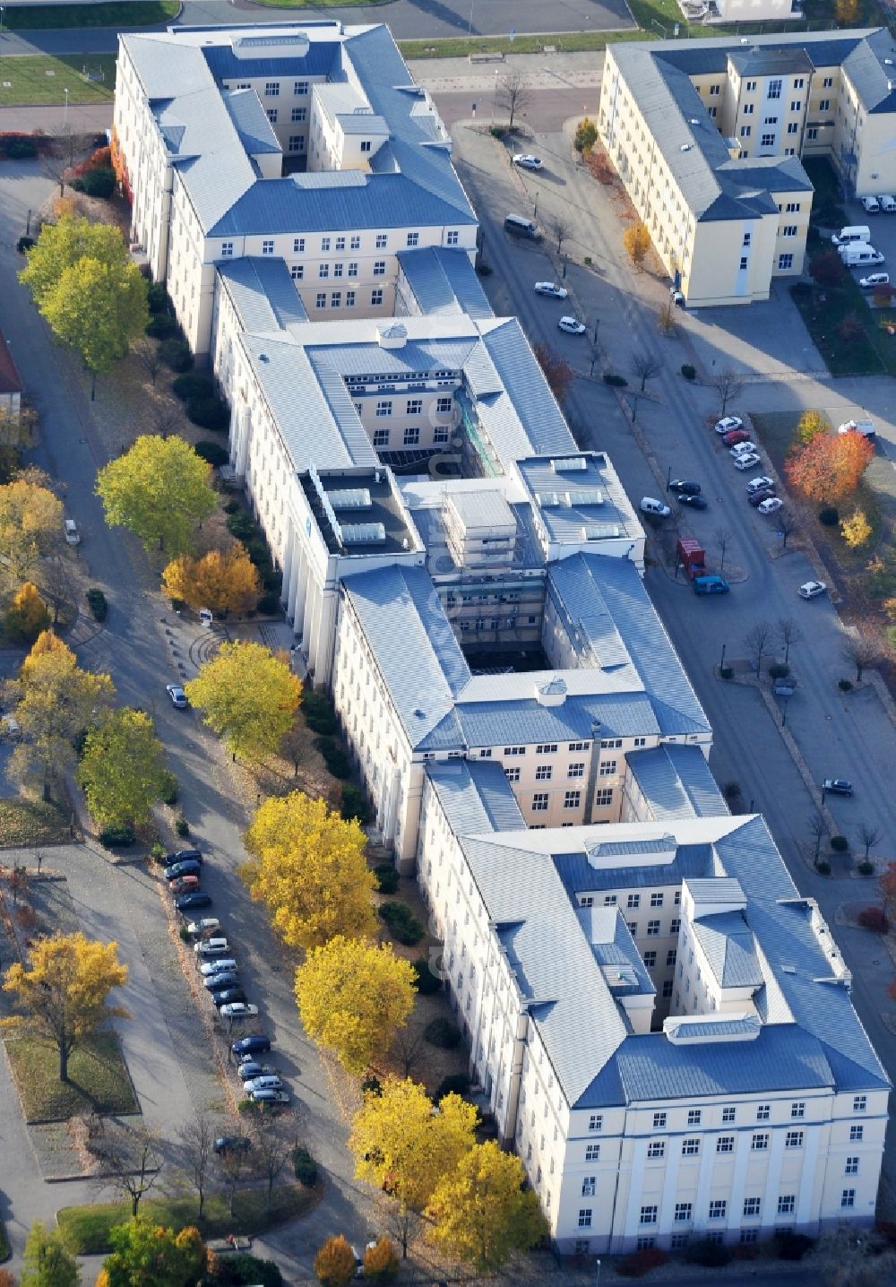 Aerial photograph Leuna - The Office Center, the historic former central administration building of the Leuna plant, is managed by the Infra Leuna company