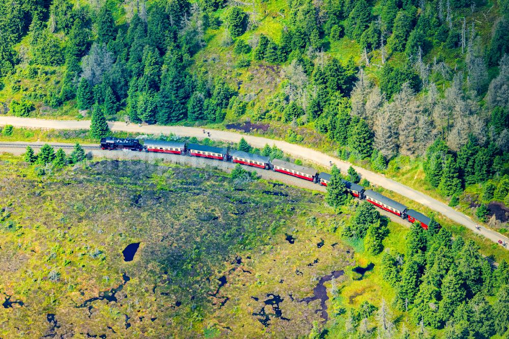 Aerial photograph Wernigerode - The railway Brockenbahn with a Mallet-Engine / steam locomotive / railcar, a narrow-gauge railway, during a trip at the Brocken mountain in Saxony-Anhalt