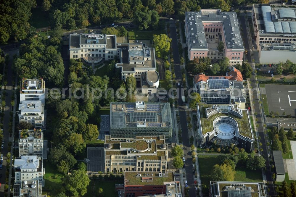 Berlin from the bird's eye view: Office buildings, embassies and residential houses along Hiroshima Street in the Tiergarten part of Berlin in Germany. The street is located in the quarter of embassies of Berlin, on the edge of a forest