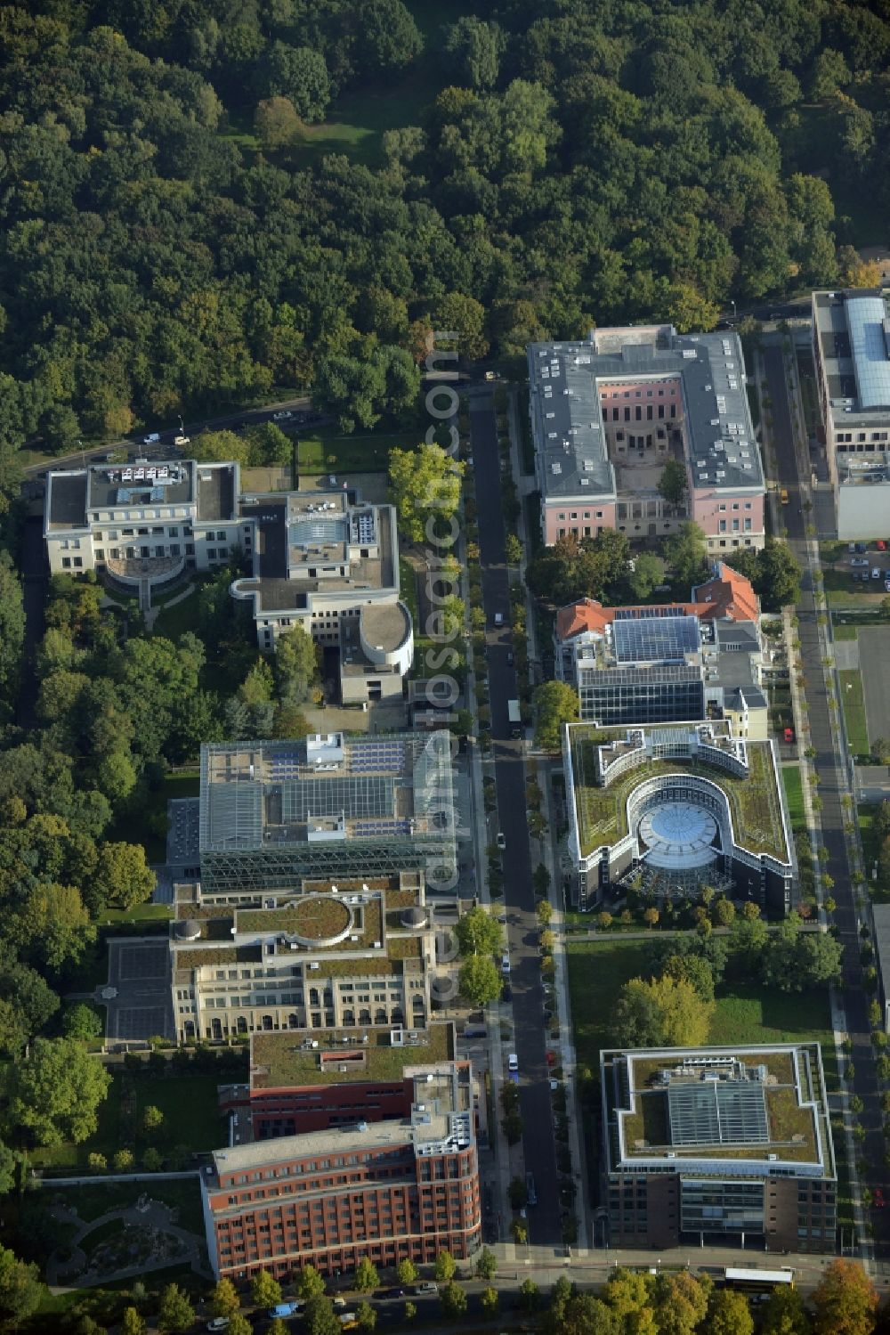 Aerial image Berlin - Office buildings, embassies and residential houses along Hiroshima Street in the Tiergarten part of Berlin in Germany. The street is located in the quarter of embassies of Berlin, on the edge of a forest