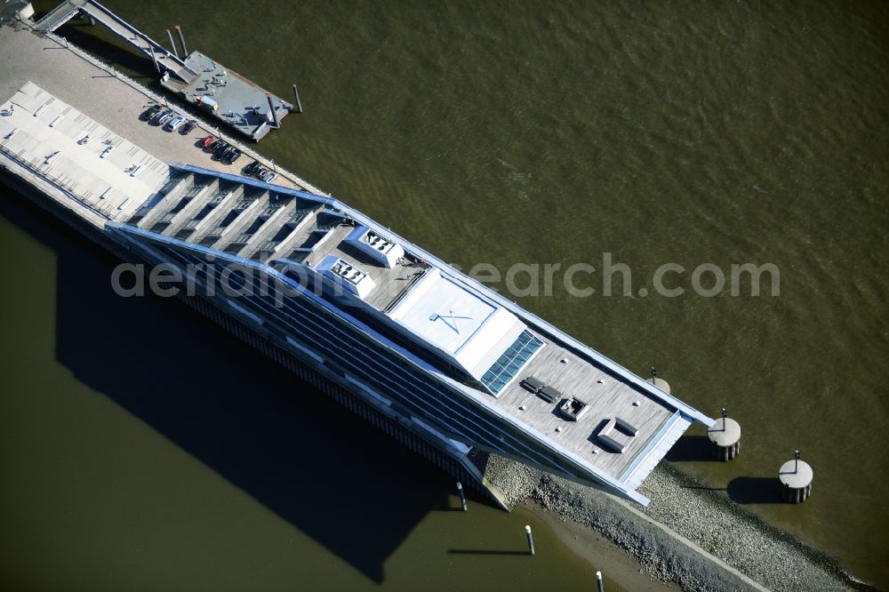 Hamburg from the bird's eye view: Dockland office building on the River Elbe bridge at fishing harbor in Hamburg