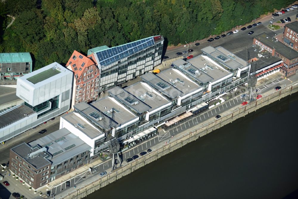 Hamburg from above - Office building on the River Elbe bridge at fishing harbor in Hamburg