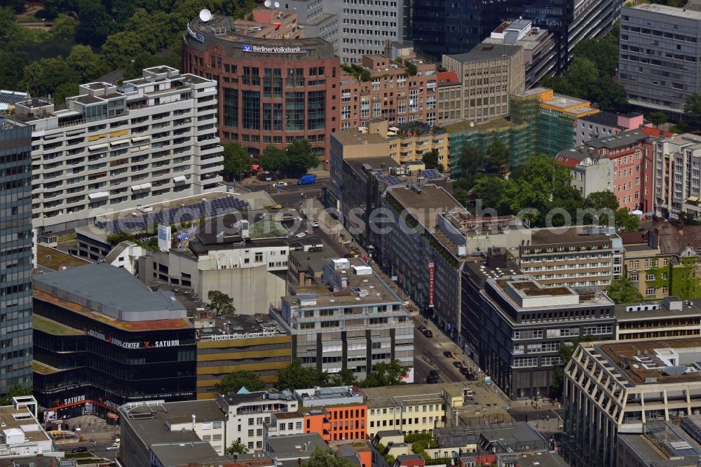 Berlin from above - Pictured are office buildings alongside Nuernberger Strasse, an office building of the Berliner Volksbank on the Budapester Strasse, as well as the Europacenter on the Tauentzienstrasse. Three districts of Berlin border on each other at this place: Tiergarten, Charlottenburg and Schoenefeld