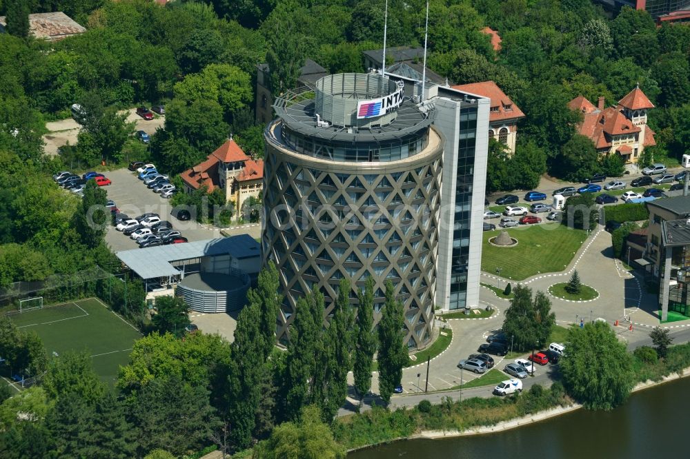 Aerial image Bukarest - Office building of the TV station of the INTACT Media Group and the Seed Consultants Branding & Design at Strada Garlei in Bucharest, Romania