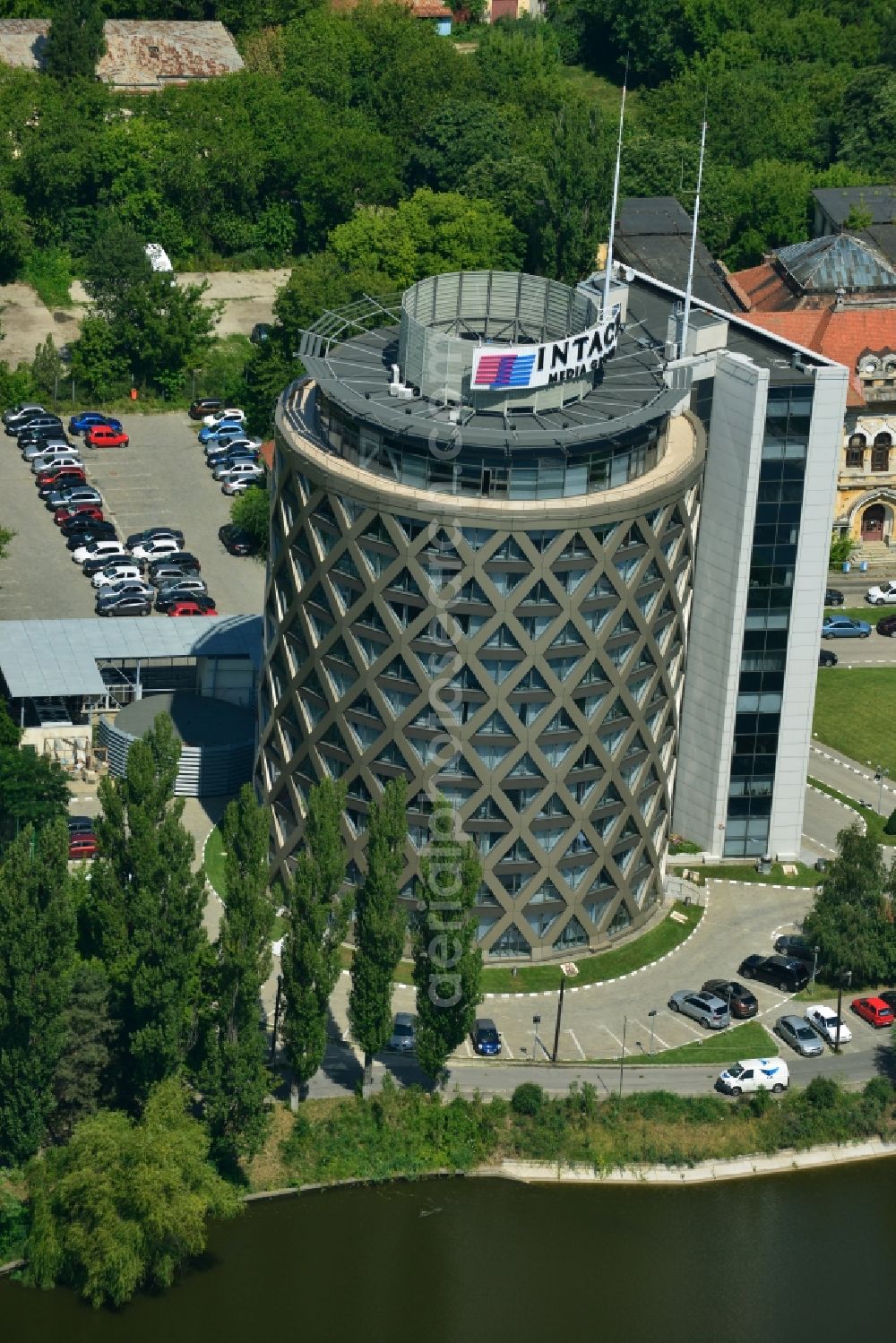 Bukarest from above - Office building of the TV station of the INTACT Media Group and the Seed Consultants Branding & Design at Strada Garlei in Bucharest, Romania