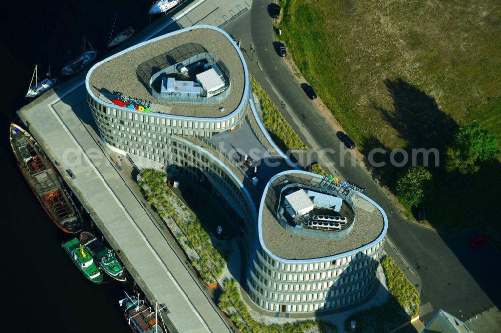 Rostock from the bird's eye view: Office building AIDA Cruises - German Branch of Costa Crociere S.p.A. in Rostock in the state Mecklenburg - Western Pomerania, Germany