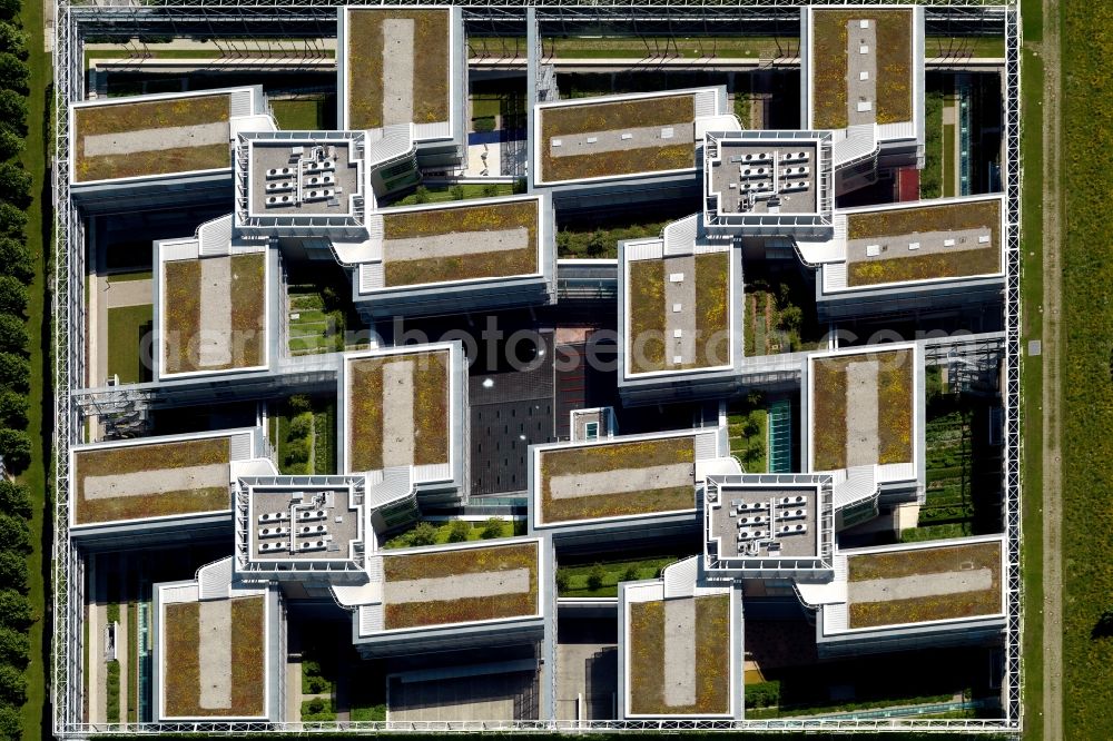 Unterföhring from above - Office building of Allianz Deutschland AG on Dieselstrasse in Unterfoehring in the state Bavaria, Germany